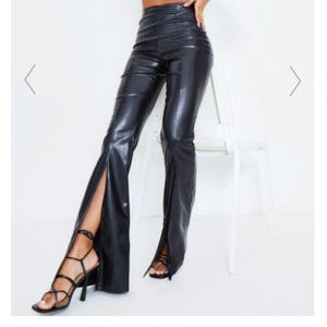Black Leather Split Front Flare Pants